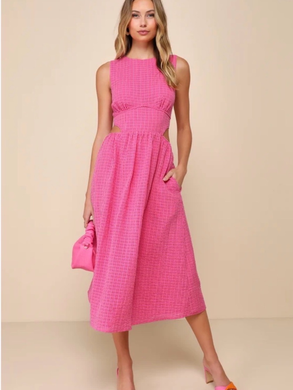 Lulu's Hot Pink Textured Cutout Midi Dress - Picture 1 of 13